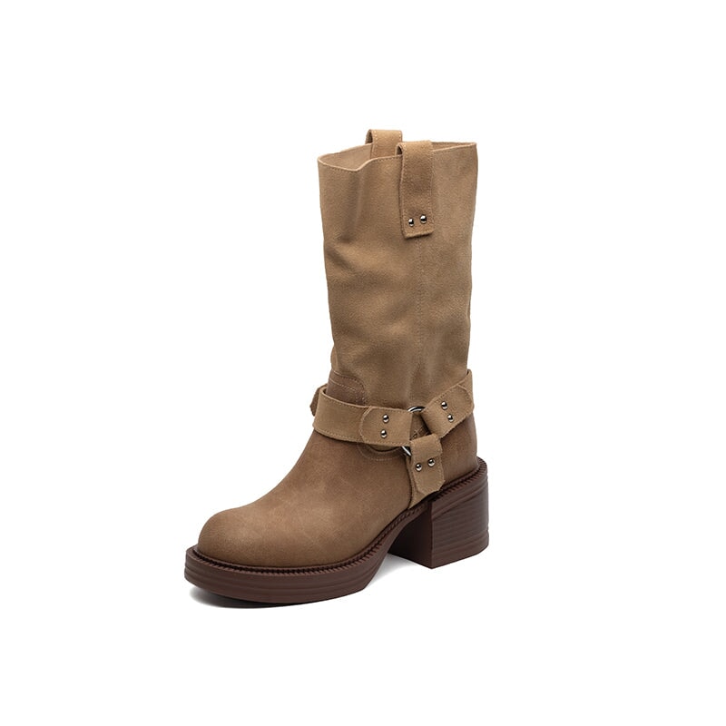 Women's Leather Western Boots Block Heel Mid Calf Boots for Autumn/Winter