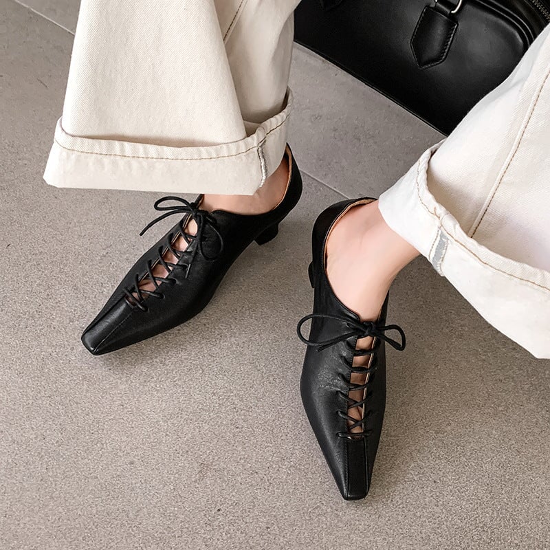 55mm Kitten Heel Cross Strap Horsehide Point Toe Oxford Tie Pumps in Beige/Black/Brown