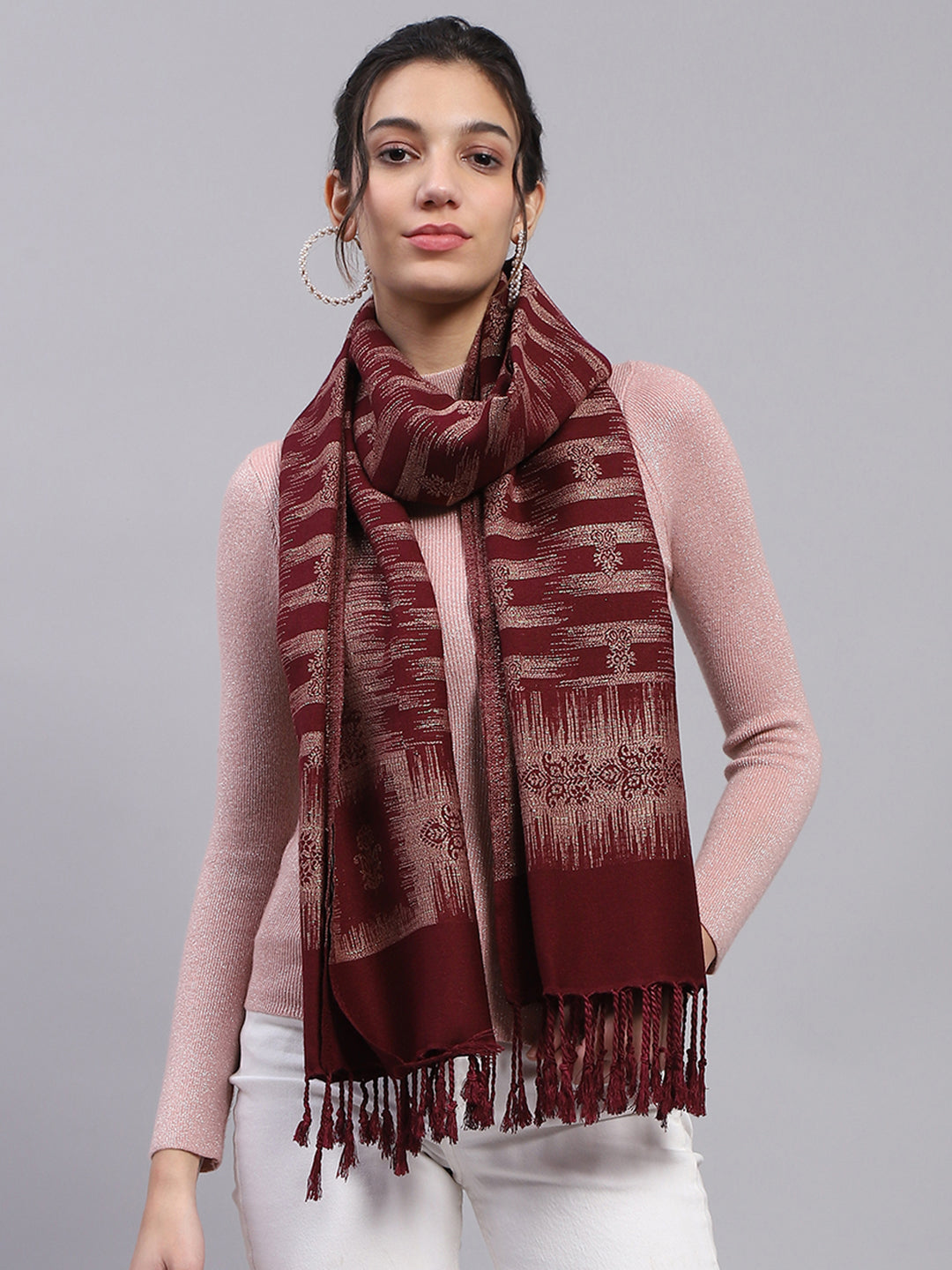 Women Maroon Self Design Stole