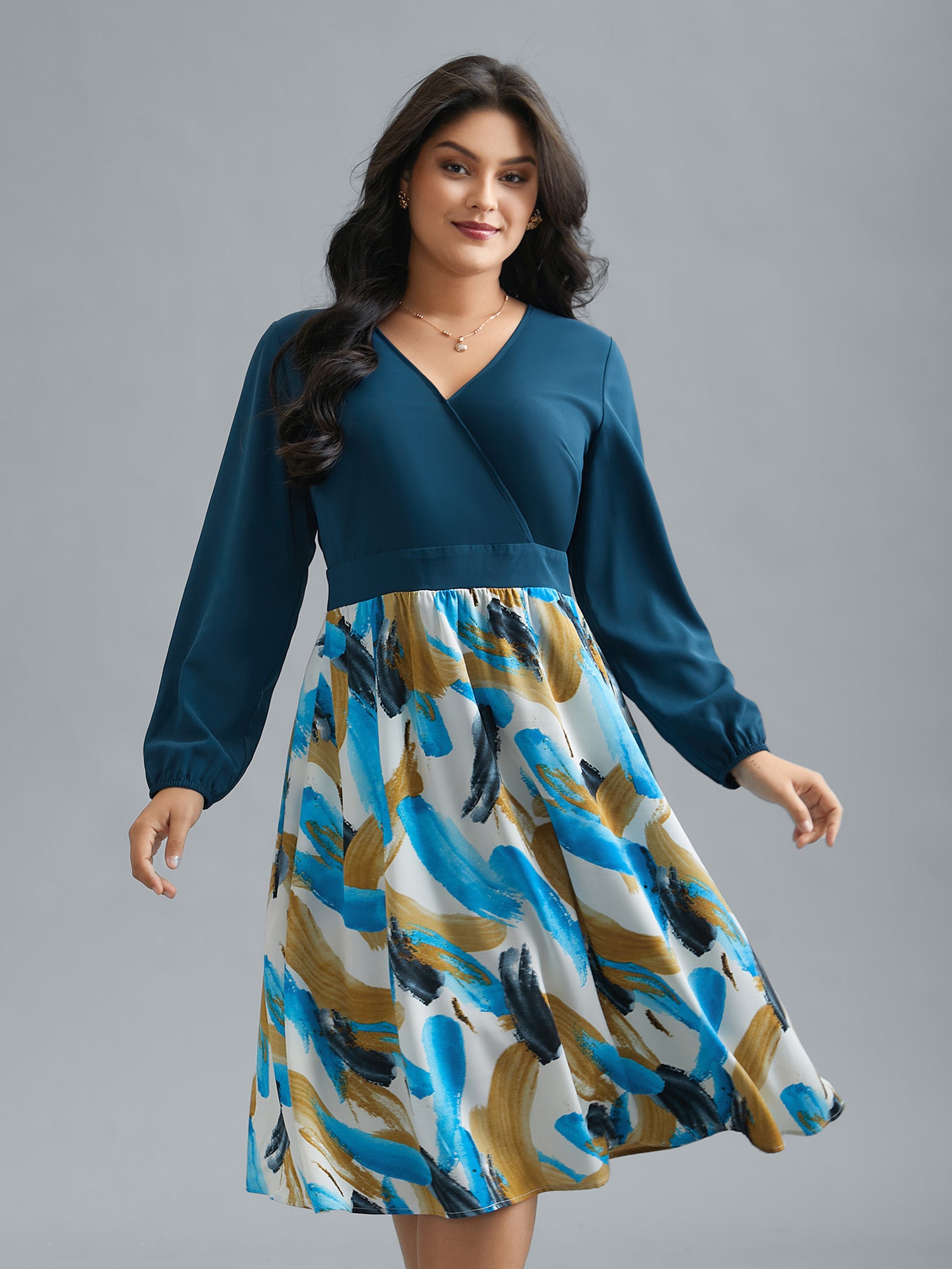 Brush Stroke Print Contrast Spliced Dress