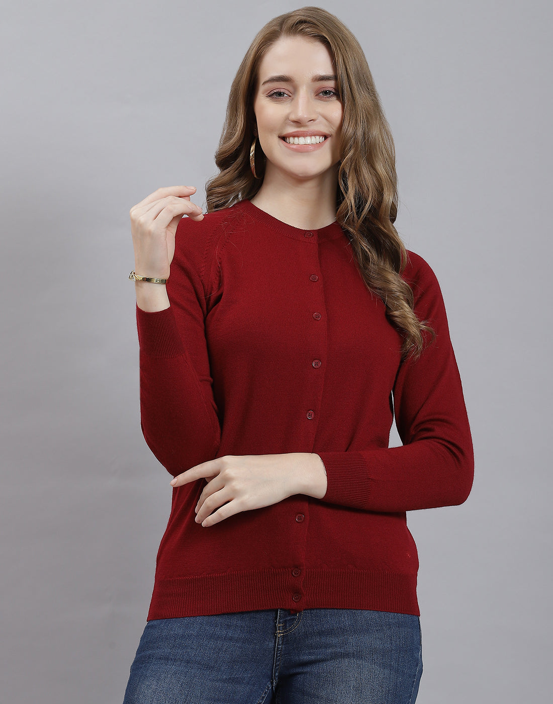 Women Maroon Solid Round Neck Full Sleeve Cardigan