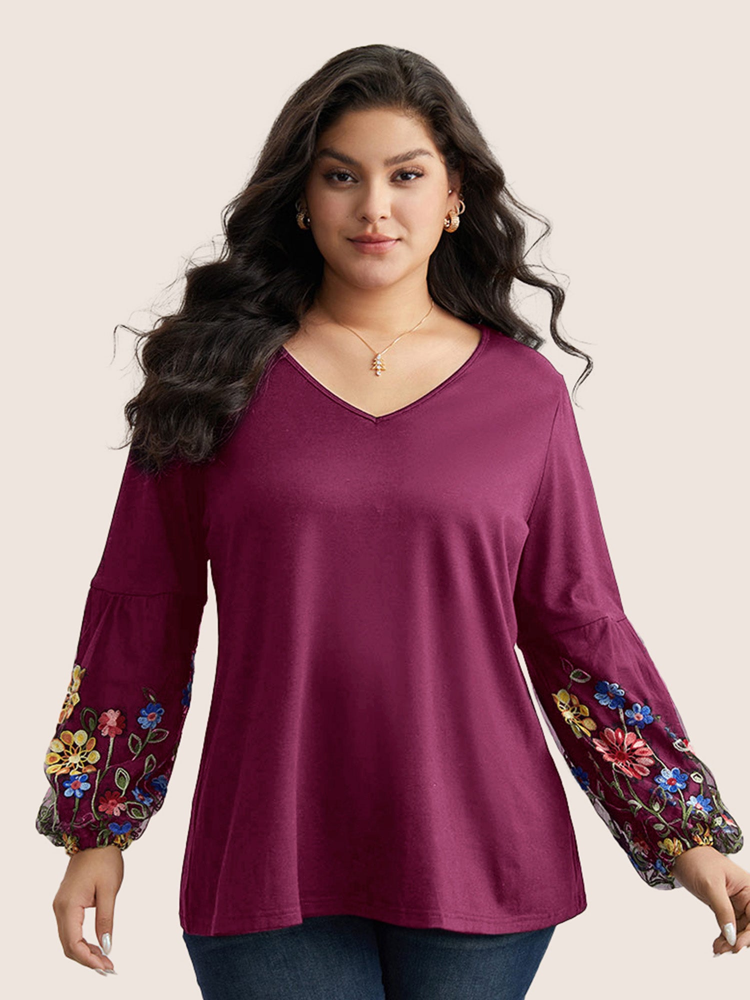Floral Embroidered Lantern Sleeve T-shirt
