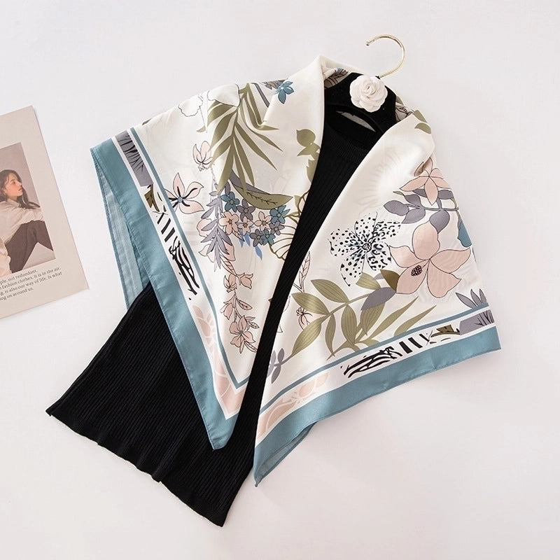 Women's Basic Minimalist Color Block Flower Satin Silk Scarf