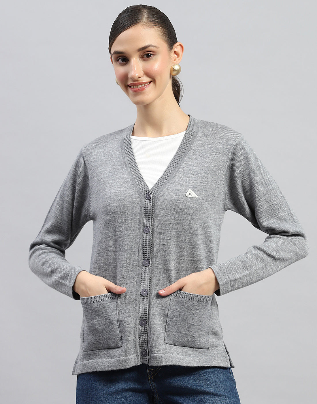 Women Grey Solid V Neck Full Sleeve Cardigan