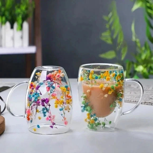 DOUBLE WALL GLASS FLOWER MUG 1 PIECE