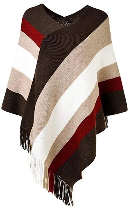 Women's Popular Pullover Cape Knitted Fashionable Color Matching Autumn And Winter Color Stripe Tassel Cape