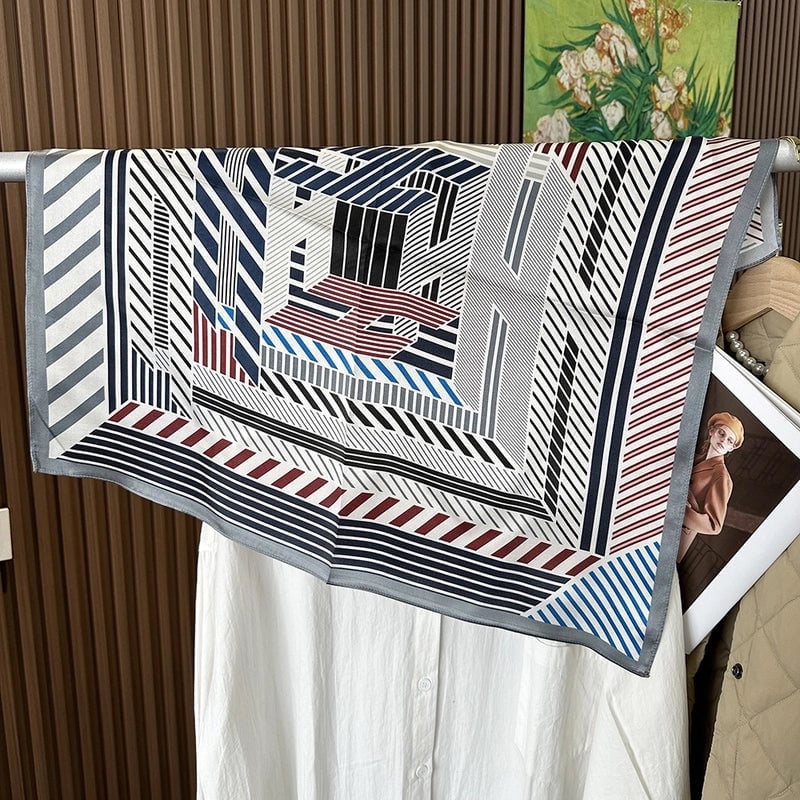 Silk Scarf Women's Spring Fashion Striped Silk Scarf 70 Square Scarf Advanced Sunscreen Scarf