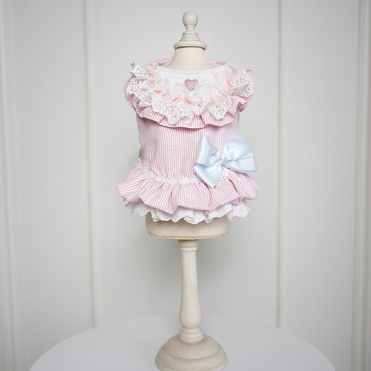 Sweet Lace Collar Striped Bow Dog Cat Dress