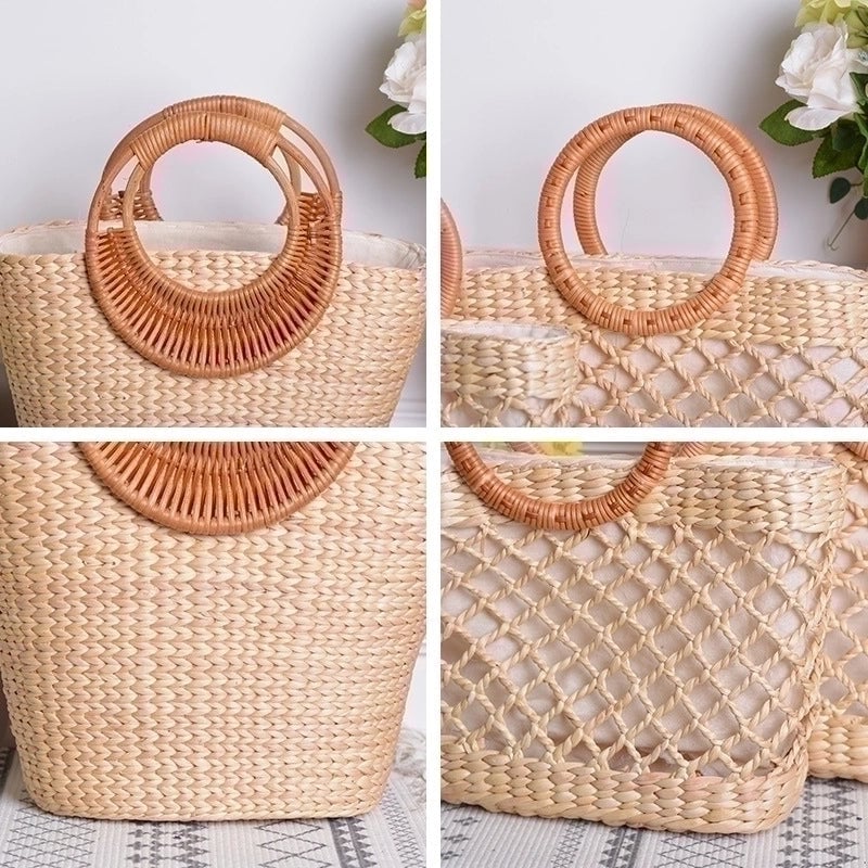 Women's Medium Straw Solid Color Vintage Style Round Zipper Handbag Straw Bag