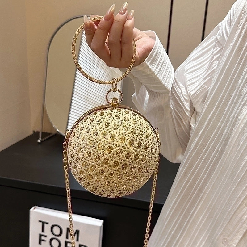 White Pink Gold Pu Leather Solid Color Sequins Round Evening Bags