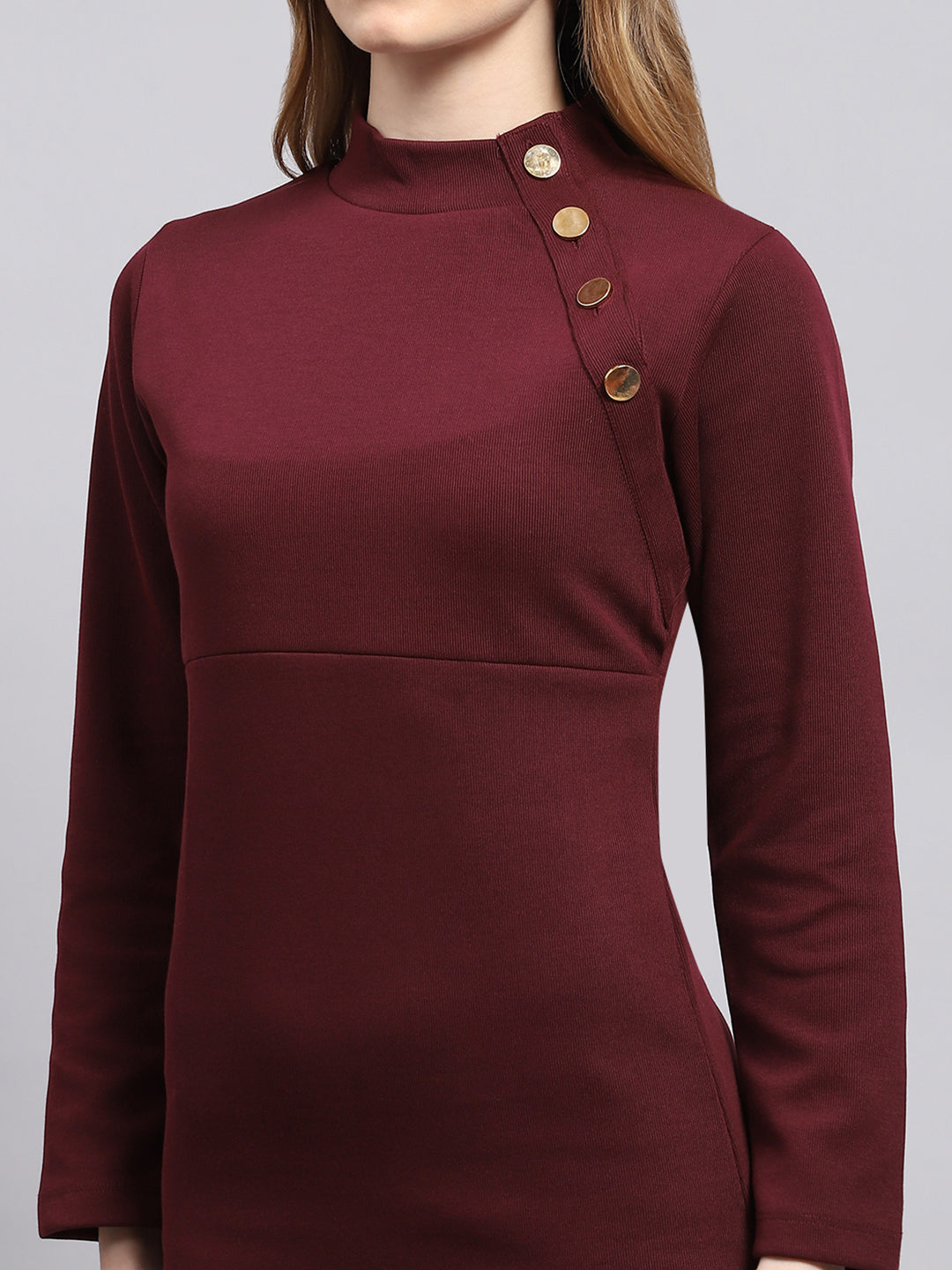 Women Maroon Solid Mock Neck Full Sleeve Dress