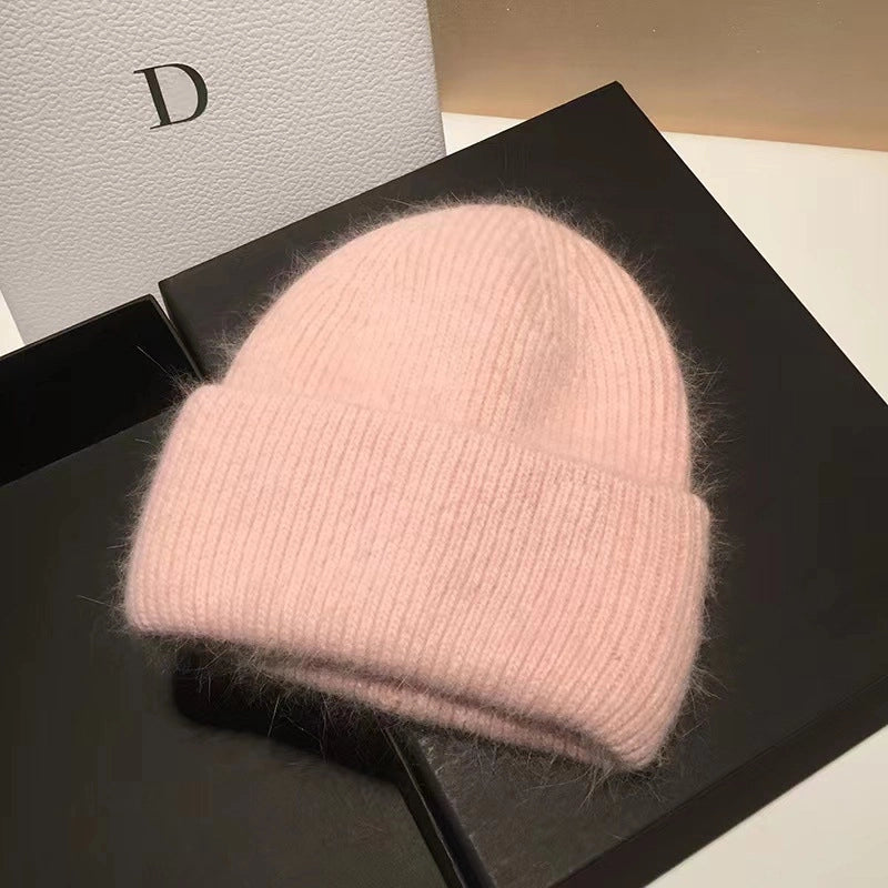 Japanese High-End New Rabbit Fur Knitted Woolen Cap Women's Fashion Autumn Winter Japanese Beanie Hat Thermal Head Cover Knitted Hat