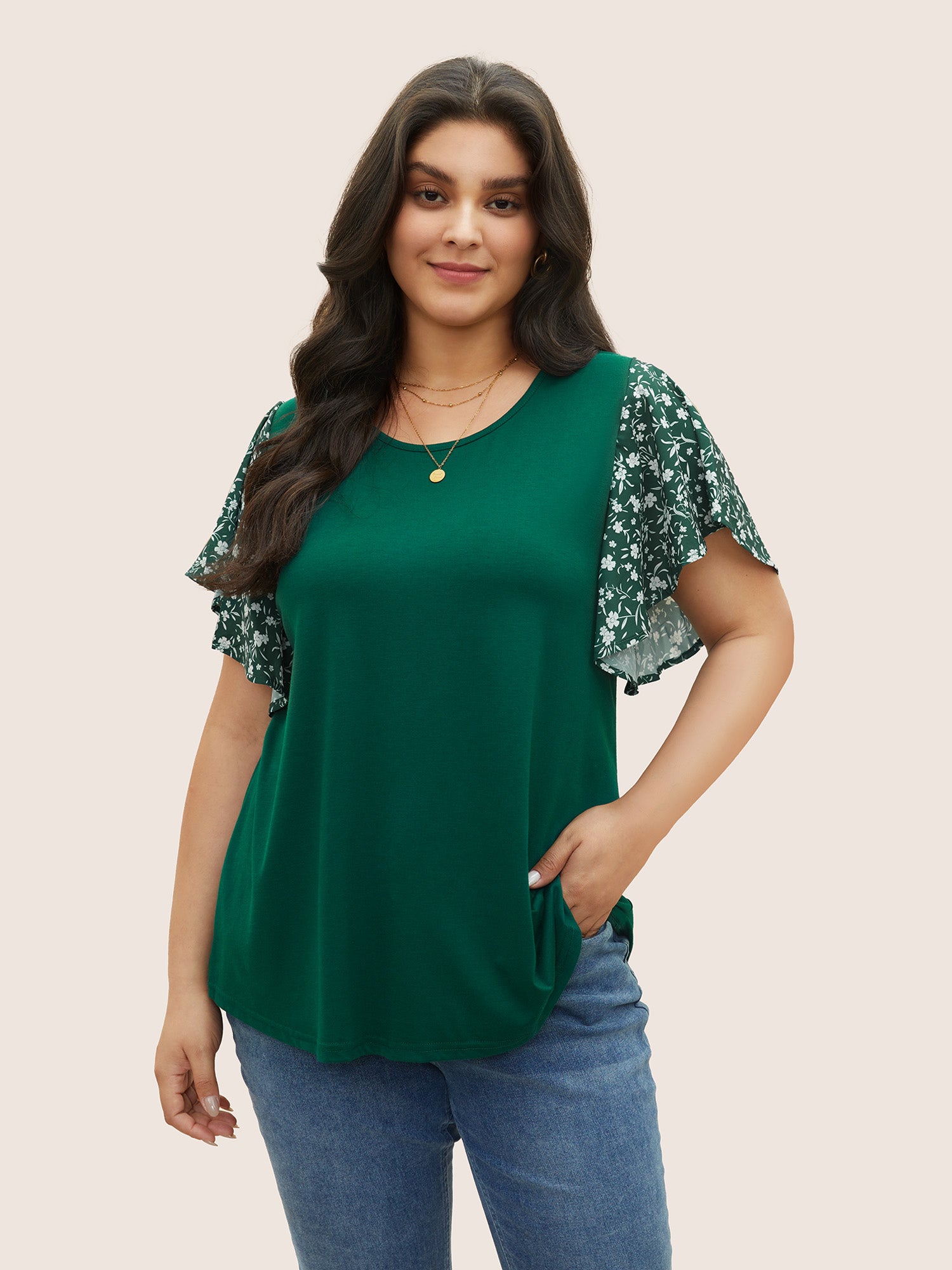 Ditsy Floral Ruffle Sleeve Round Neck T-Shirt