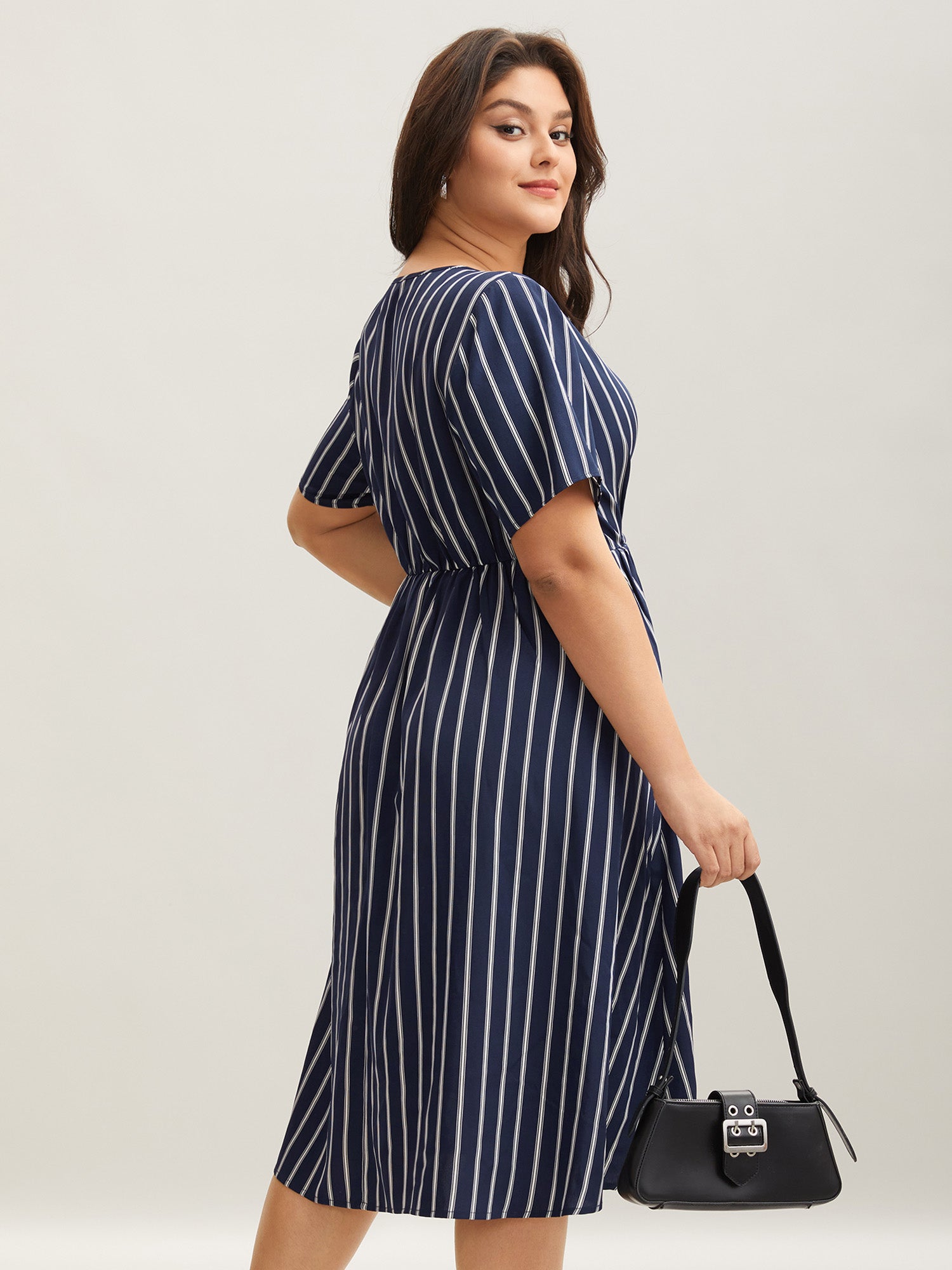 Striped Stretchy Waist Defining Pockets Dress
