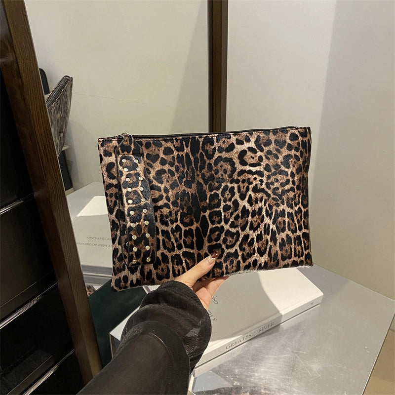 Black Brown Coffee Pu Leather Leopard Sewing Thread Square Clutches