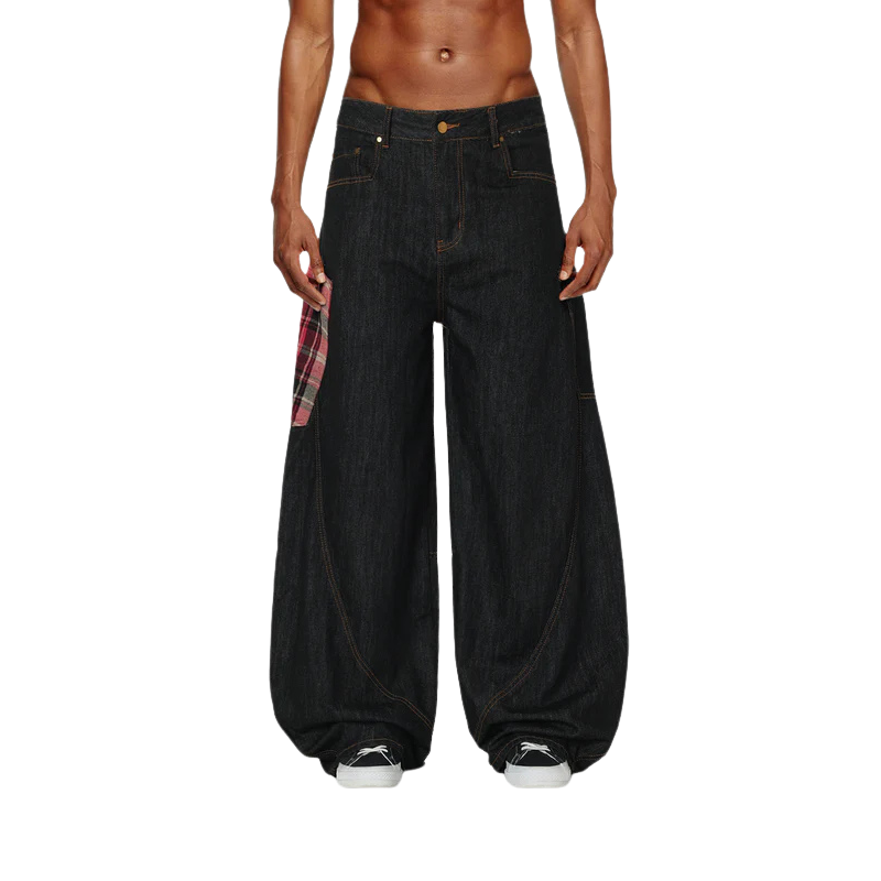 Plaid Pocket Barrel Jeans