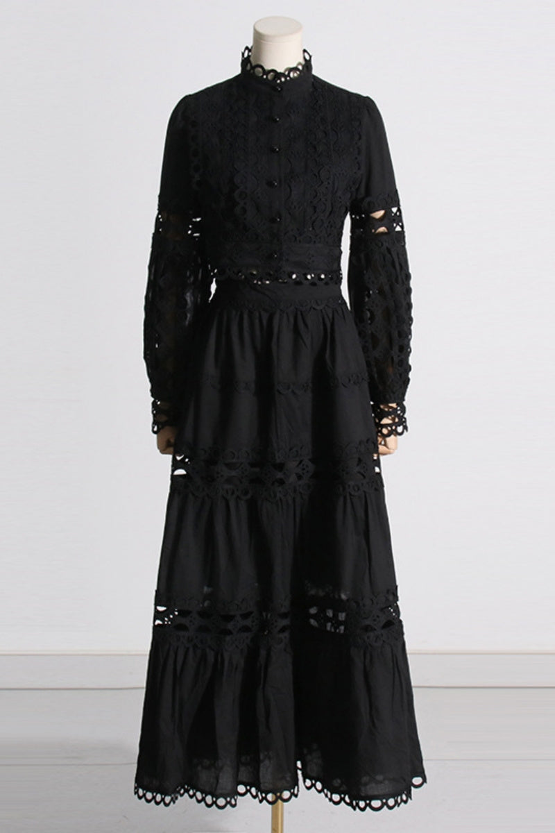 Casual Solid Color Hollow Out Mandarin Collar Long Sleeve Two Pieces