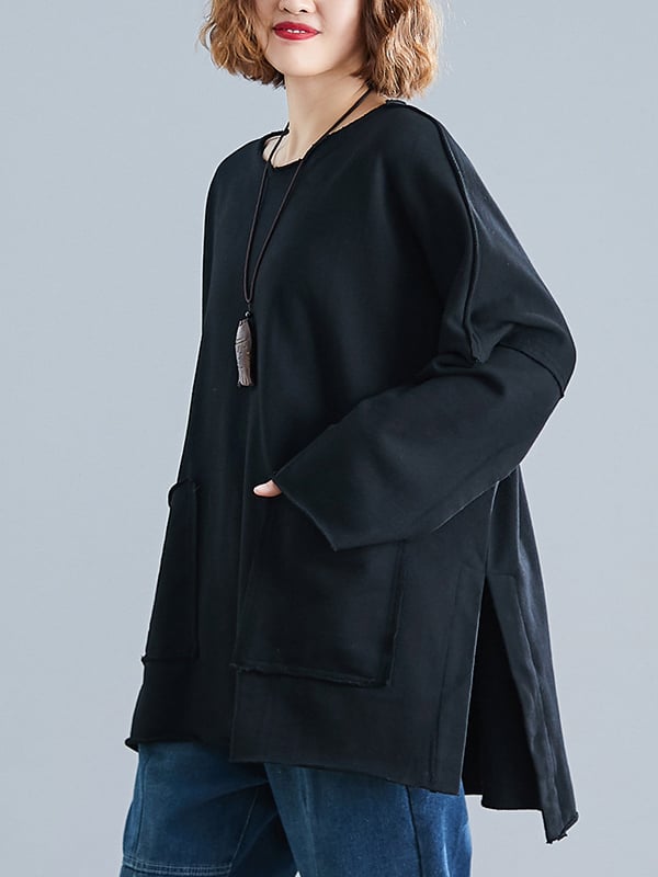 High-Low Long Sleeves Pockets Solid Color Split-Joint Split-Side Round-Neck Sweatshirt Tops