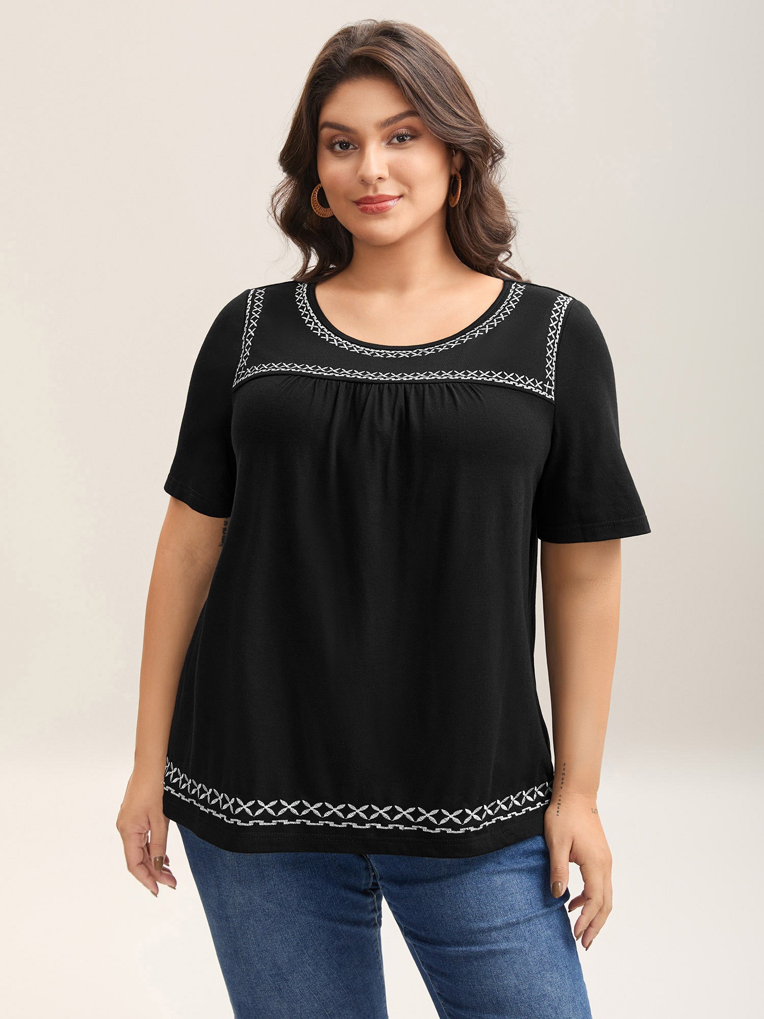 Crisscross Embroidery Straight-Fit T-Shirt
