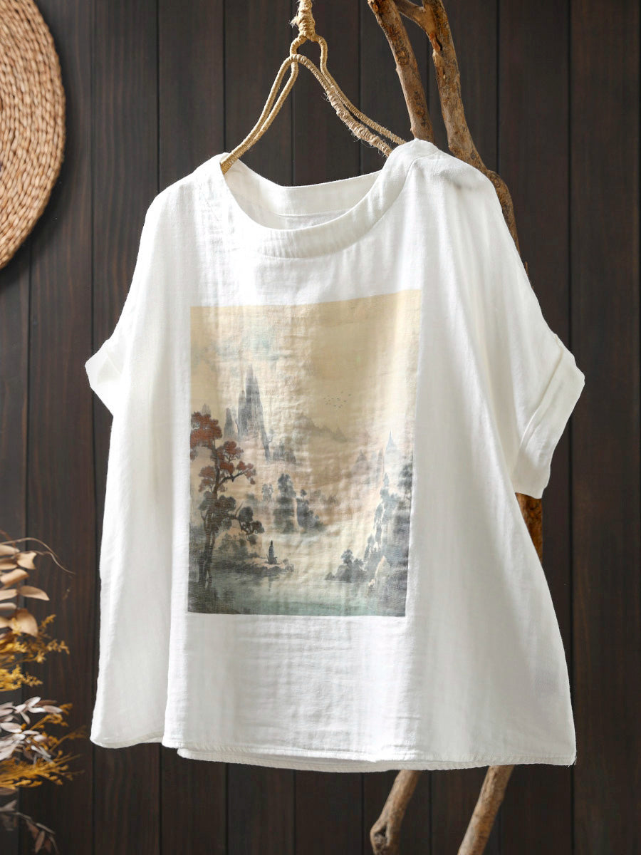 Plus Size Women Summer Casual Print O-Neck Cotton Shirt