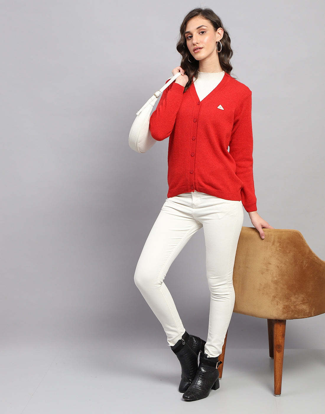 Women Red Solid V Neck Full Sleeve Cardigan