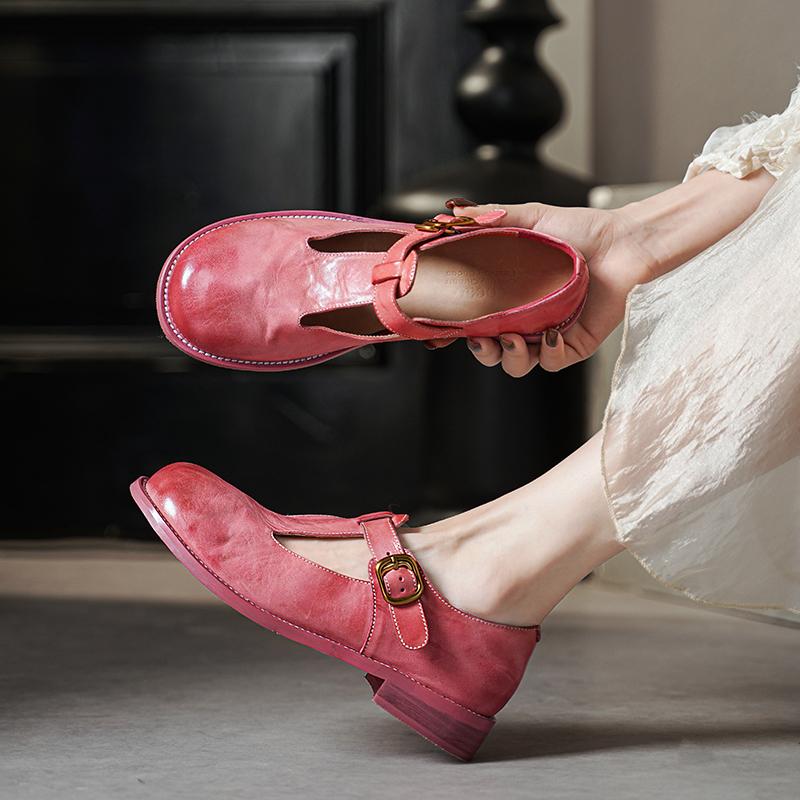 Vintage Washed Horse Leather Round Toe T-Strap Mary Jane Shoes Pink/Yellow/Black
