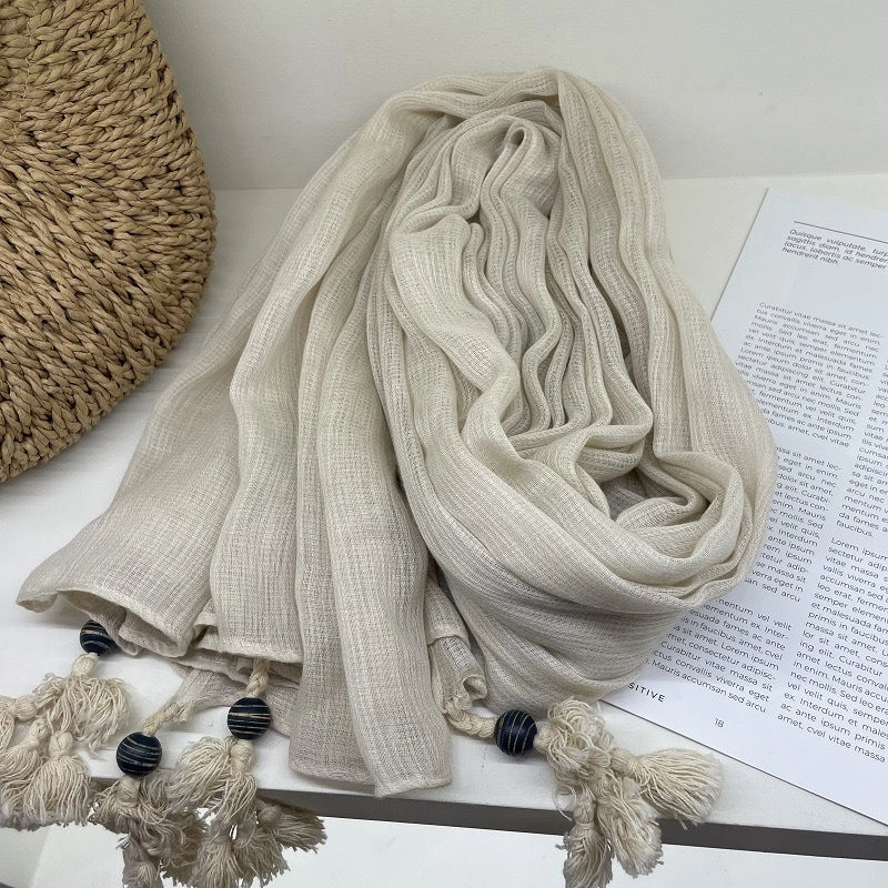 New High-end Ethnic Linen Wooden Beads Hanging Shawl Sunscreen Artistic Cotton And Linen Scarf Women