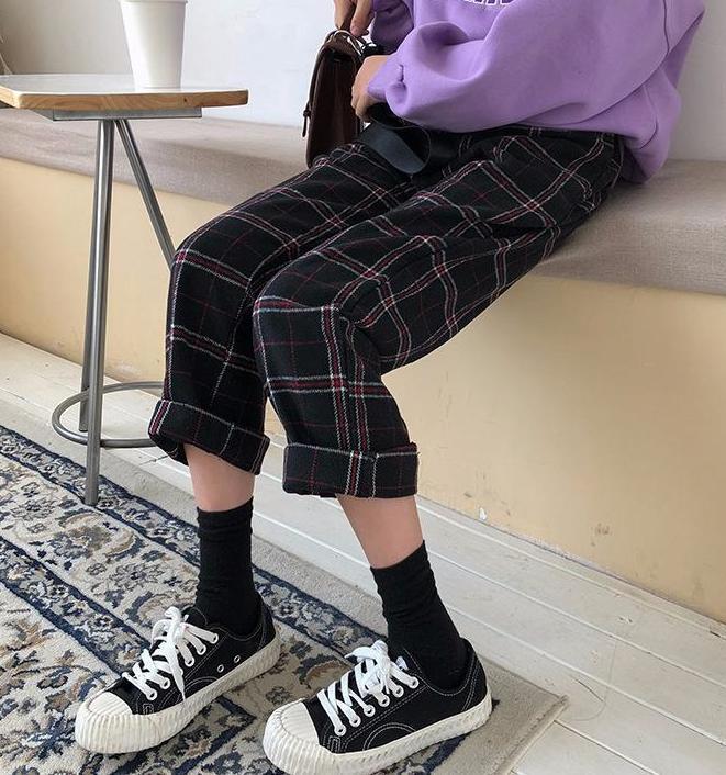 Straight Plaid Cotton Trousers