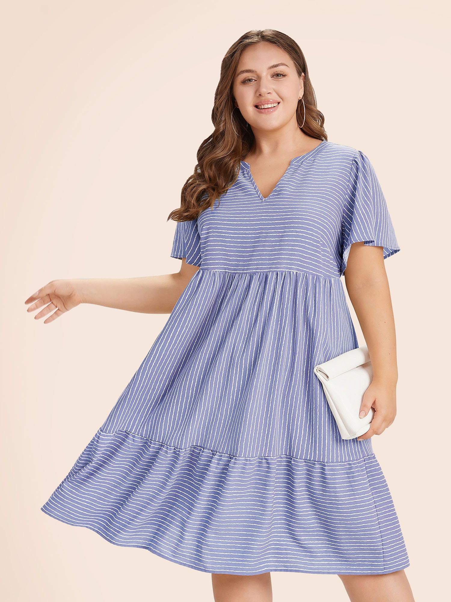 Striped Patchwork Notched Flutter Layered Babydoll Dress