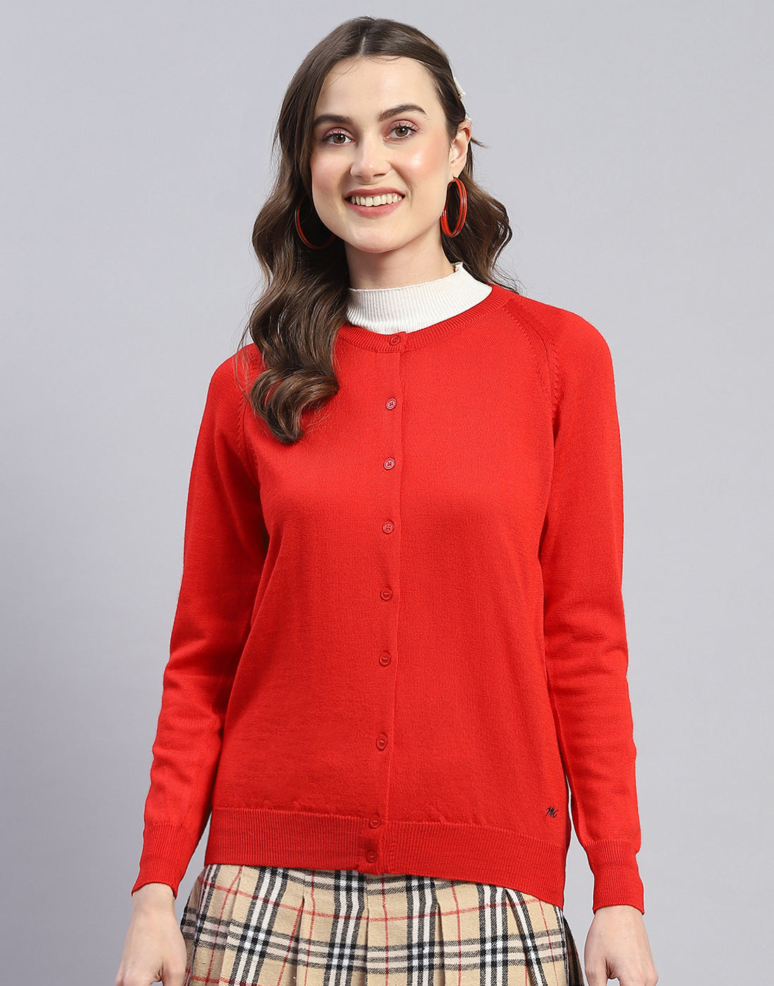 Women Red Solid Round Neck Full Sleeve Cardigan