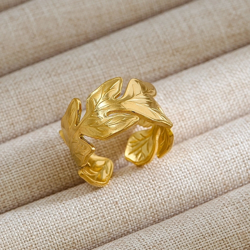 Rock Oversized Leaves Eye Flower 304 Stainless Steel Gem 18K Gold Plated Inlay Open Rings
