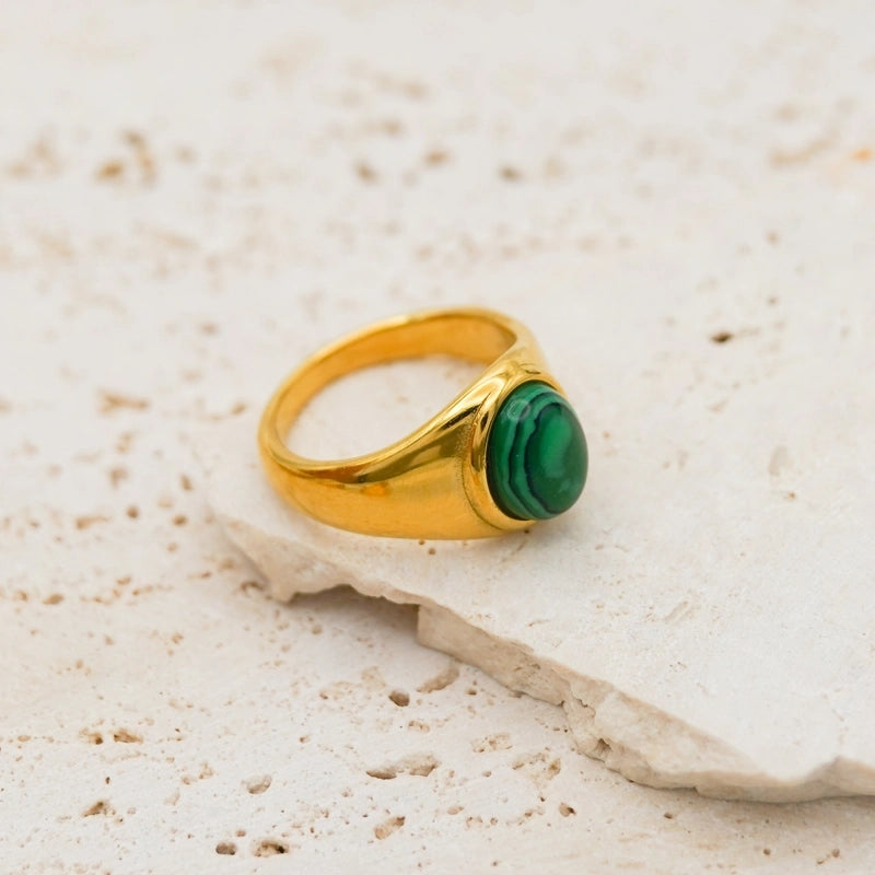 Retro Oval Stainless Steel Plating Inlay Agate 18k Gold Plated Rings