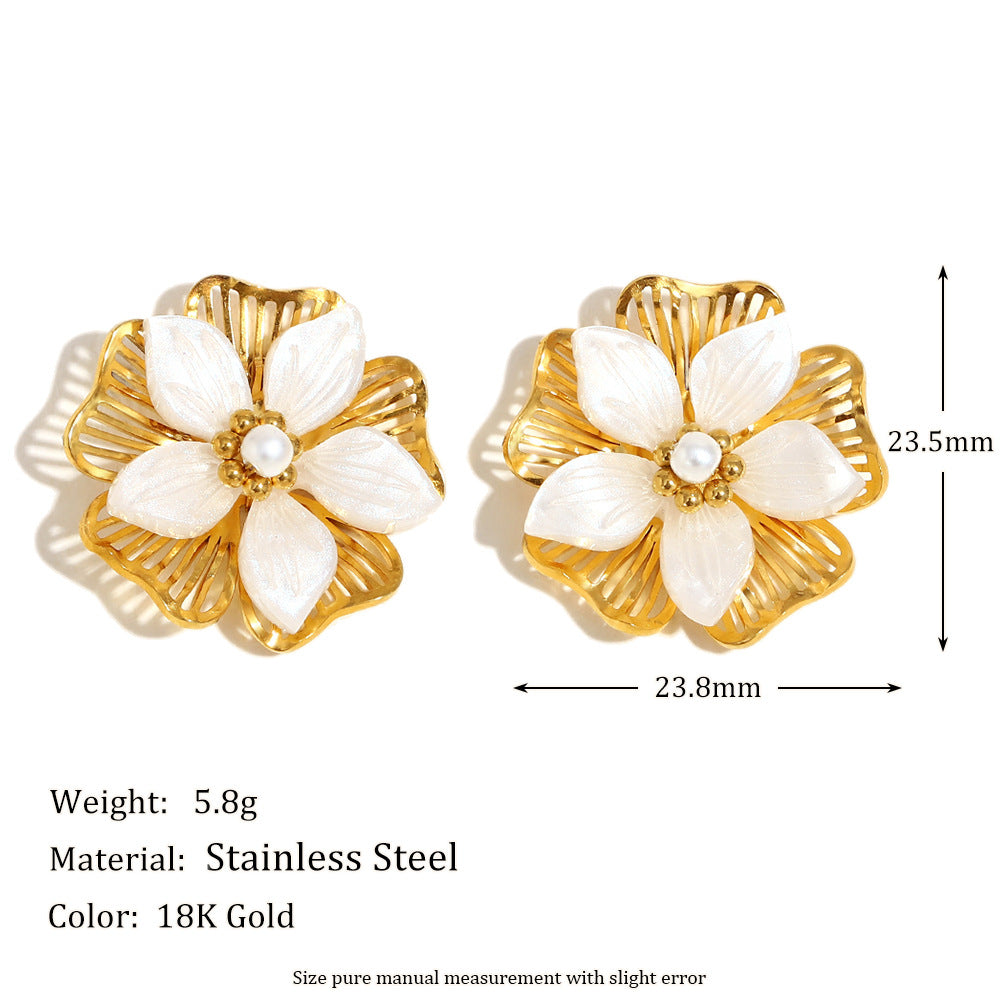 Personalized Fashion Stainless Steel 18K Gold Plated Oil Drop Shell Pearl Flower Five-Pointed Star Earrings