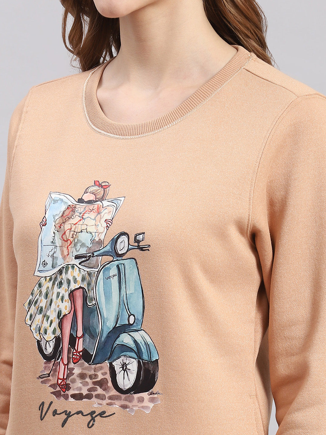 Women Peach Printed Round Neck Full Sleeve Sweatshirts