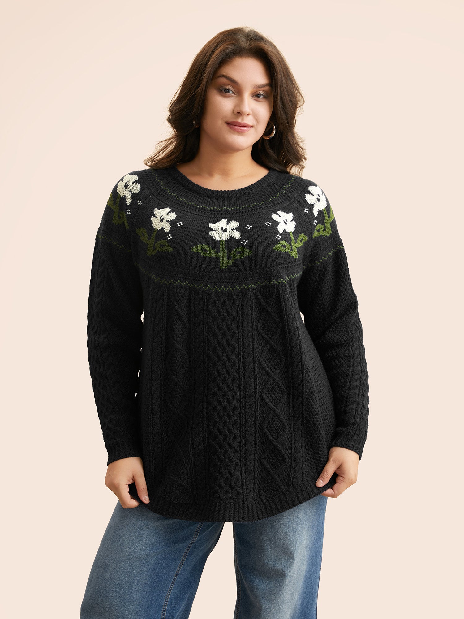 Floral Jacquard Raglan Sleeve Pullover