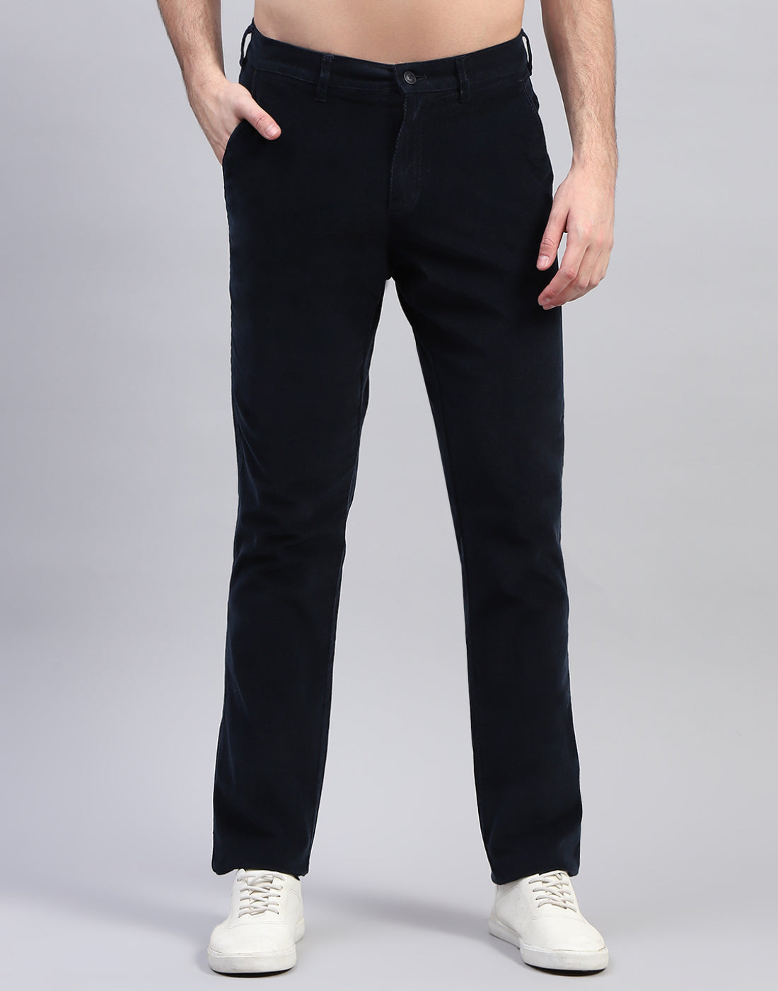 Men Navy Blue Solid Regular Fit Trouser