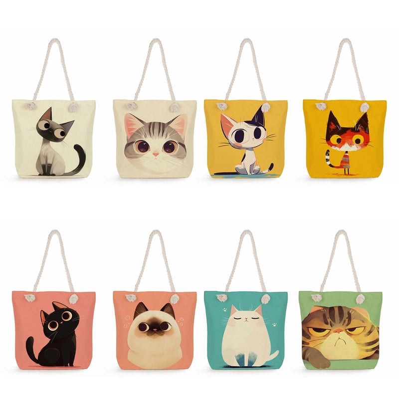 Women's Medium Linen Cat Cute Square Zipper Tote Bag Beach Bag