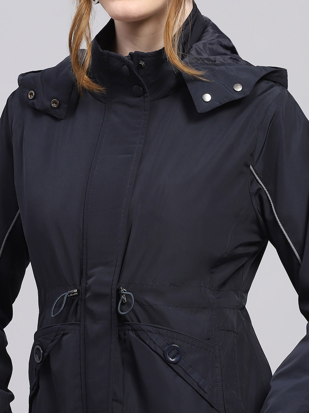 Women Navy Blue Solid Detachable Hood Full Sleeve Jacket