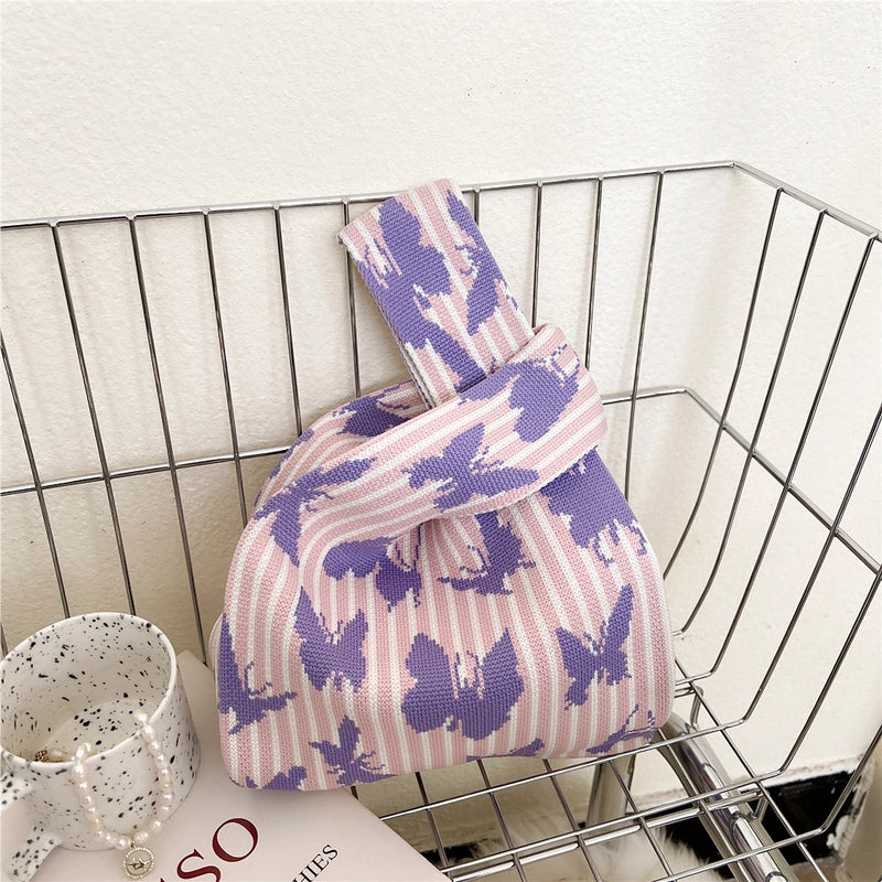 Women's Small Knit Houndstooth Stripe Butterfly Classic Style Square Open Handbag