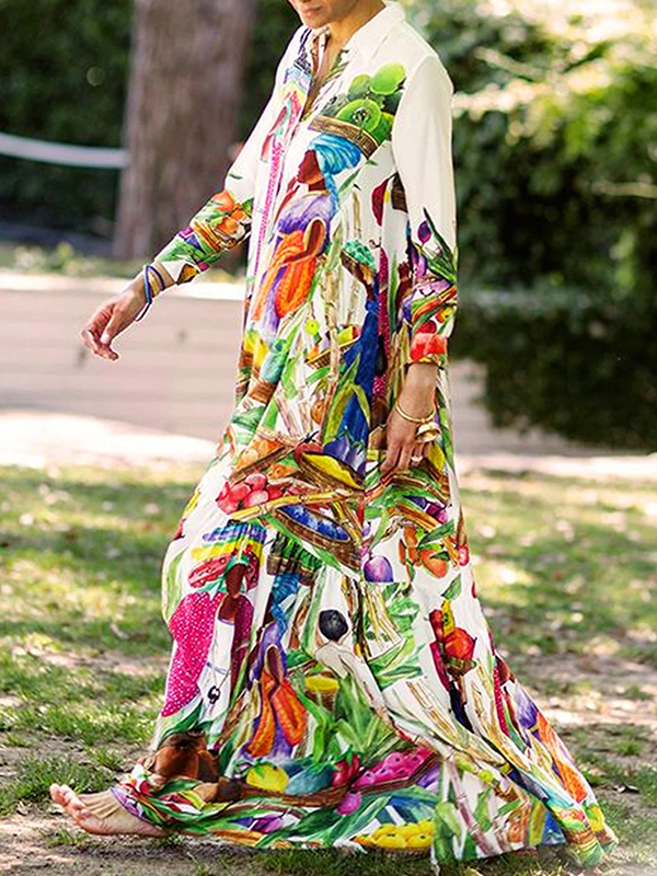 Long Sleeves Loose Asymmetric Printed Split-Joint Lapel Maxi Dresses Shirt Dress