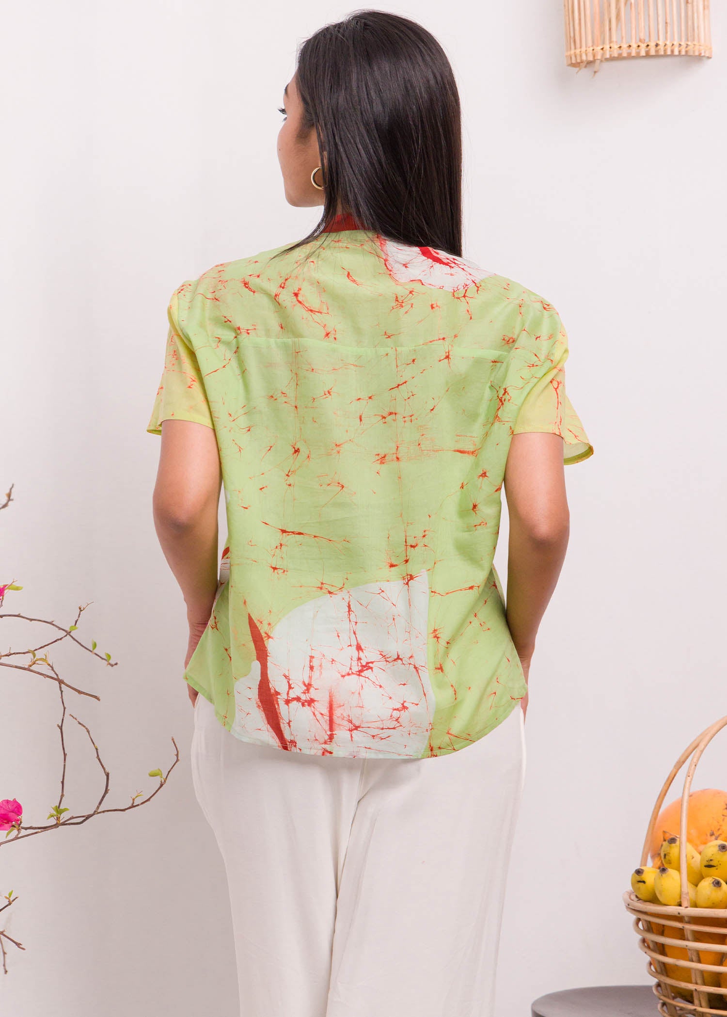 Anthurium Printed Batik Top with Chinese Collar