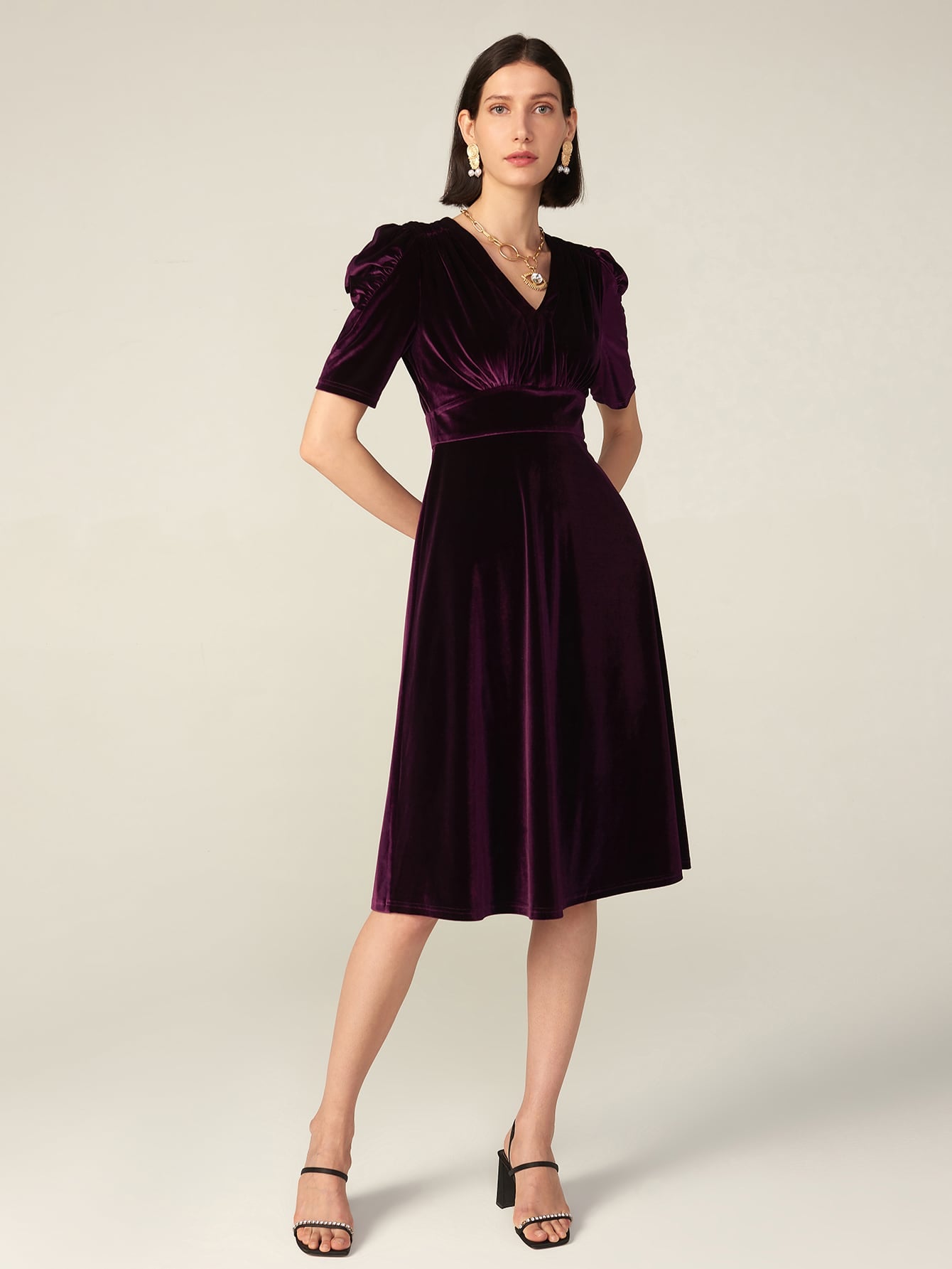 PREMIUM VELVET PUFF SLEEVE WRAP DRESS( Clearance sale