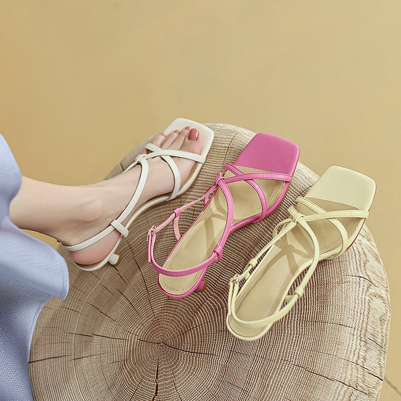 Open Toe Muti Strap Sheepskin Slingback Sandals 55mm Kitty Heel in Yellow/Beige/Pink