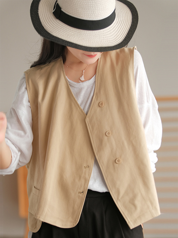 Vintage Asymmetric Solid Color Buttoned Vest Top