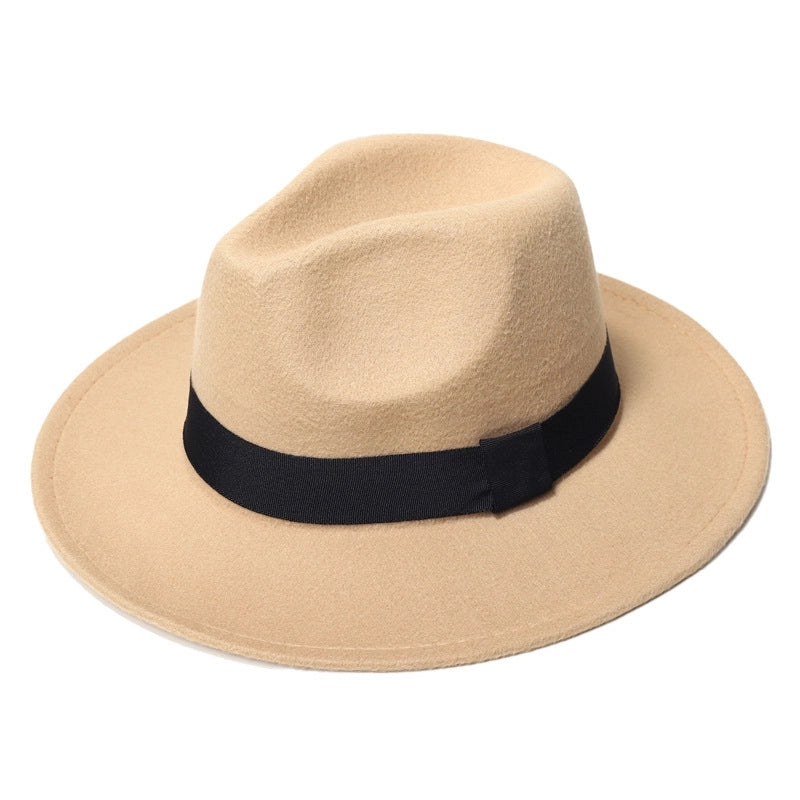 Autumn And Winter New Square Ribbon Panama Top Hat British Style Flat Rim Jazz Hat Woolen Hat Men