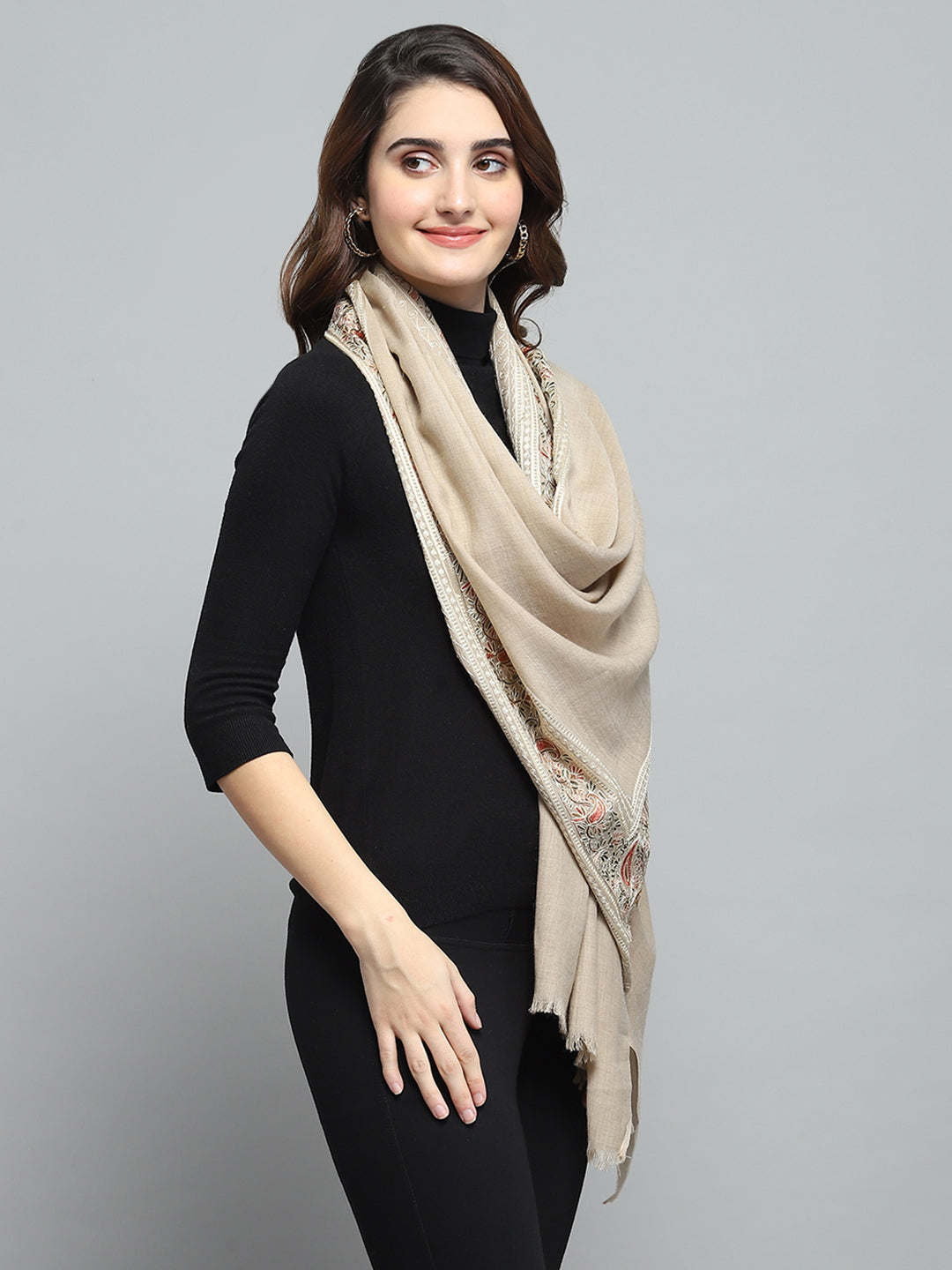 Women Beige Self Design Stole