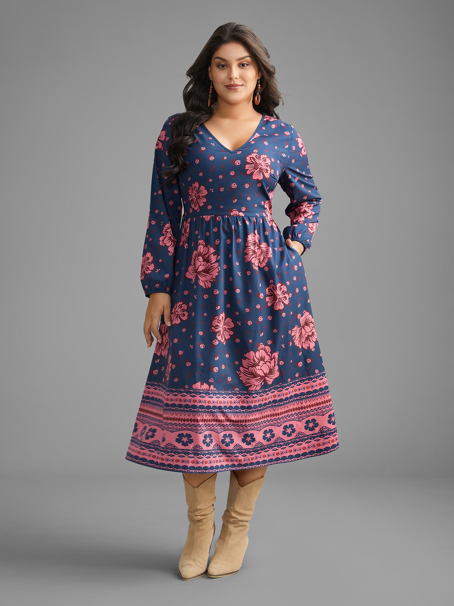 Boho Print V Neck Elastic Waist Dress