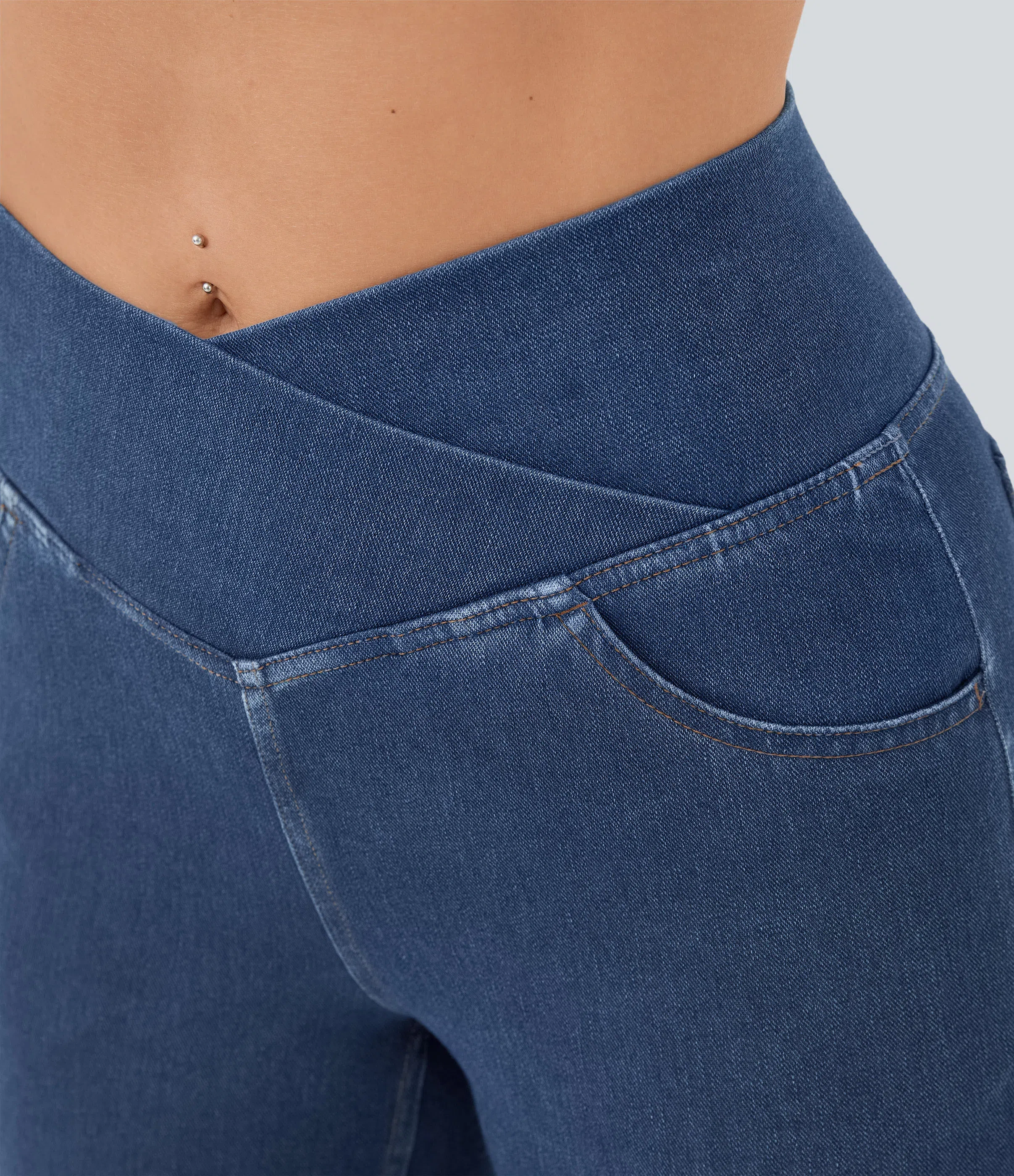⚡8 Packs for $25.95⚡- High Waisted Crossover Pocket Washed Stretchy Knit Casual Super Flare Jeans