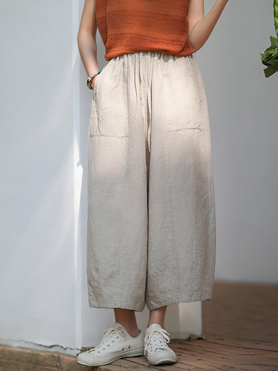 Women Summer Casual Pure Color 100%Linen Bloomers