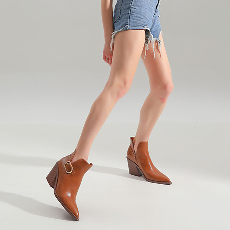 Metal Buckle Pointy Toe Chunky Heels Slit Ankle Boots